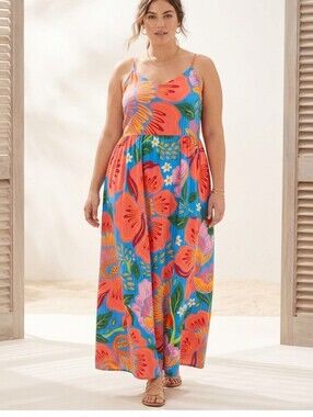 Vibrant Floral Maxi Slip Dress in Blue & Coral size 3X